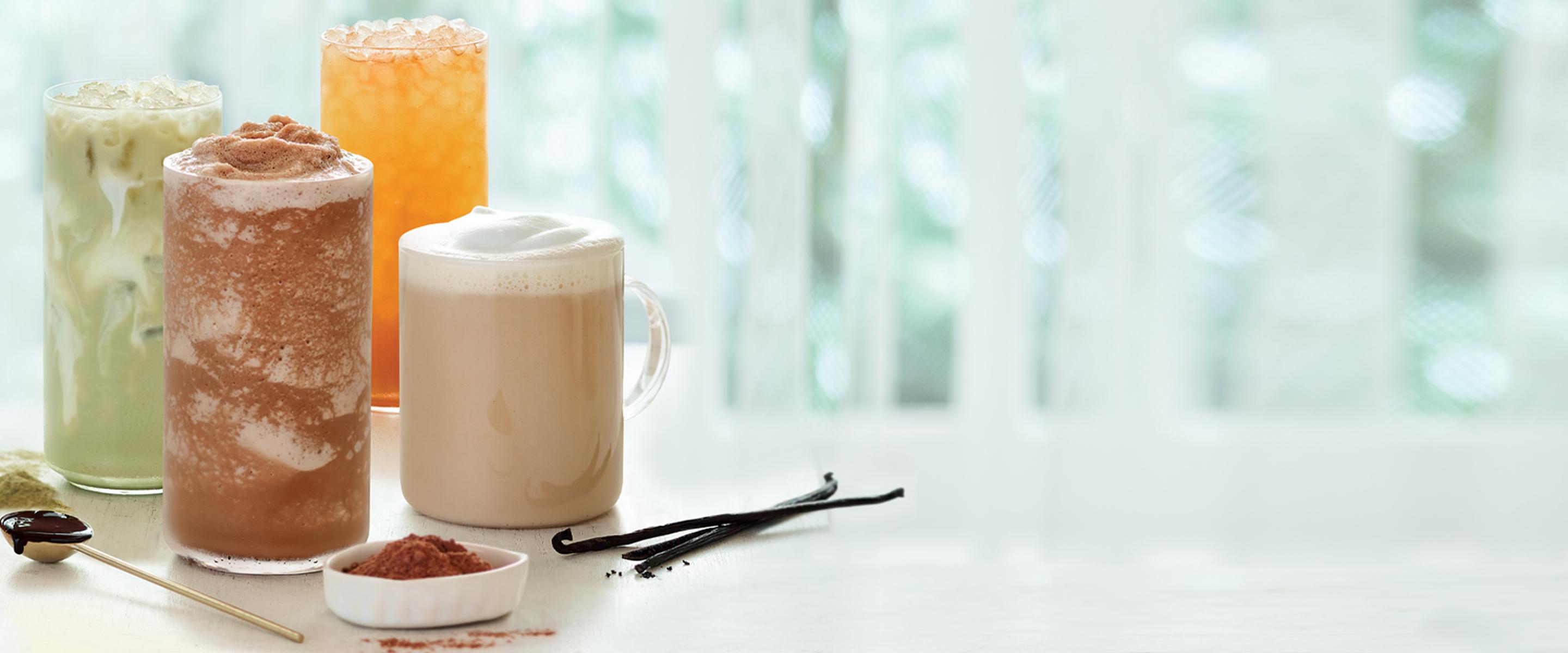 Lightened Mocha Ice Blended, Vanilla Latte, Matcha Latte, and Cold Brew Tea